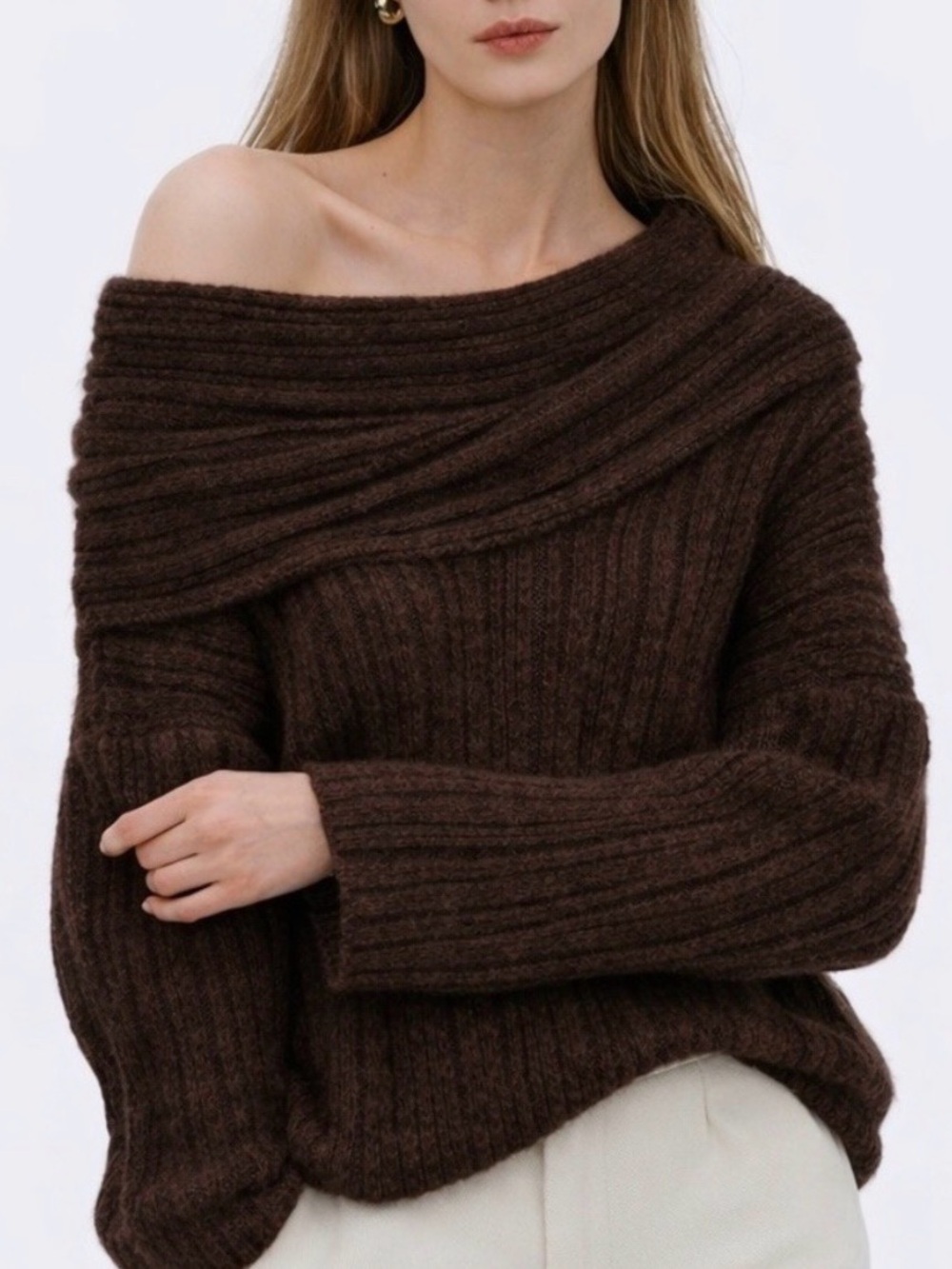 Source Unknown Becca Off-the-Shoulder Ribbed Sweater in Dark Brown